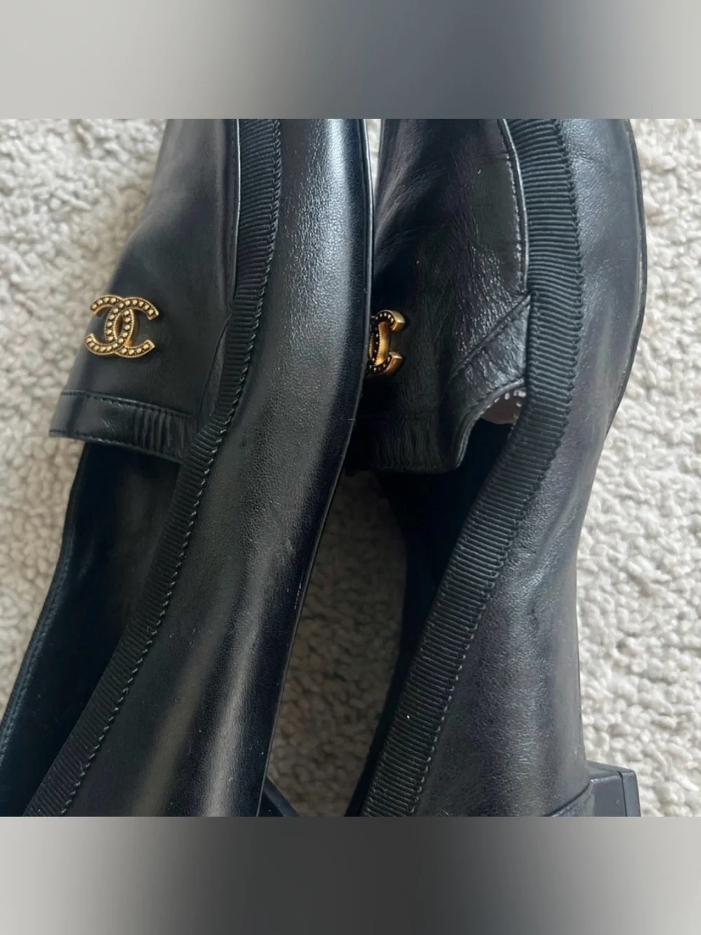 CHANEL Black Leather Loafers 👞 with Gold CC Medallion AUTHENTIC